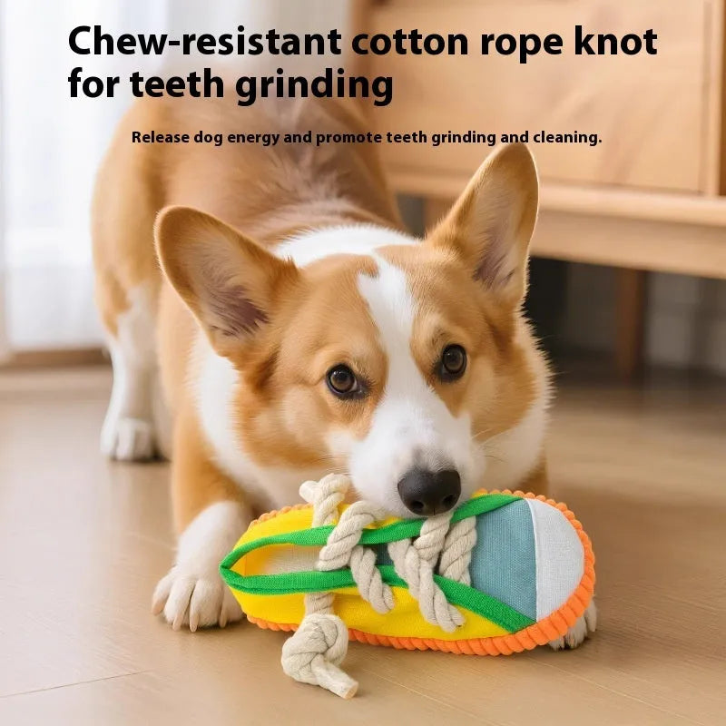 A bendable plastic dog slippers squeaker toy in yellow, black, or blue for chewing and play.