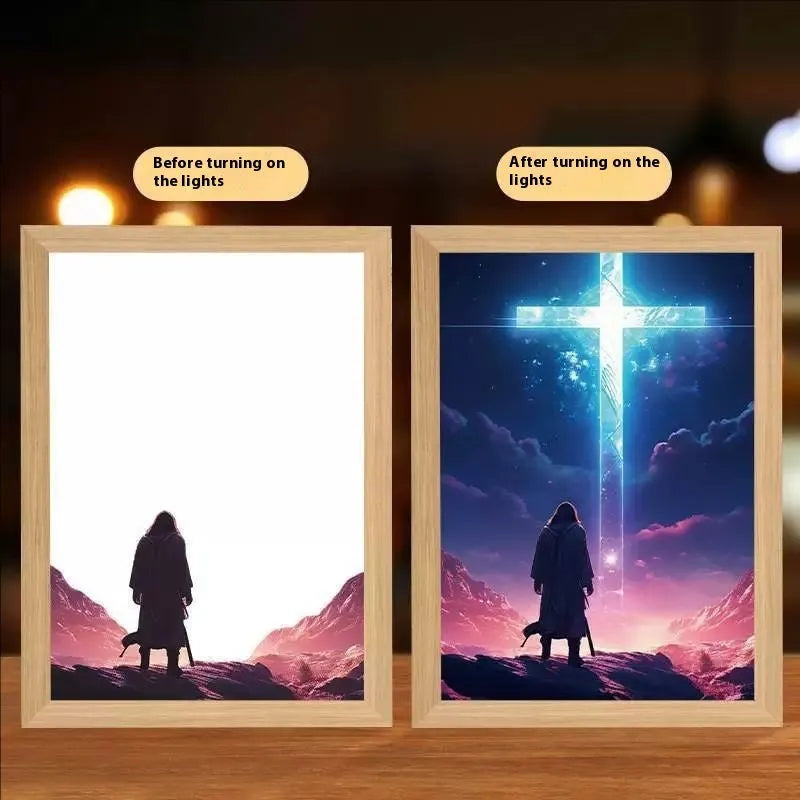 Modern rectangular LED light painting frame showing a sea and home scene on a wall.