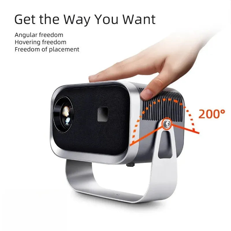 Android 4K Full HD smart projector unit displaying a high-definition movie scene on a wall.