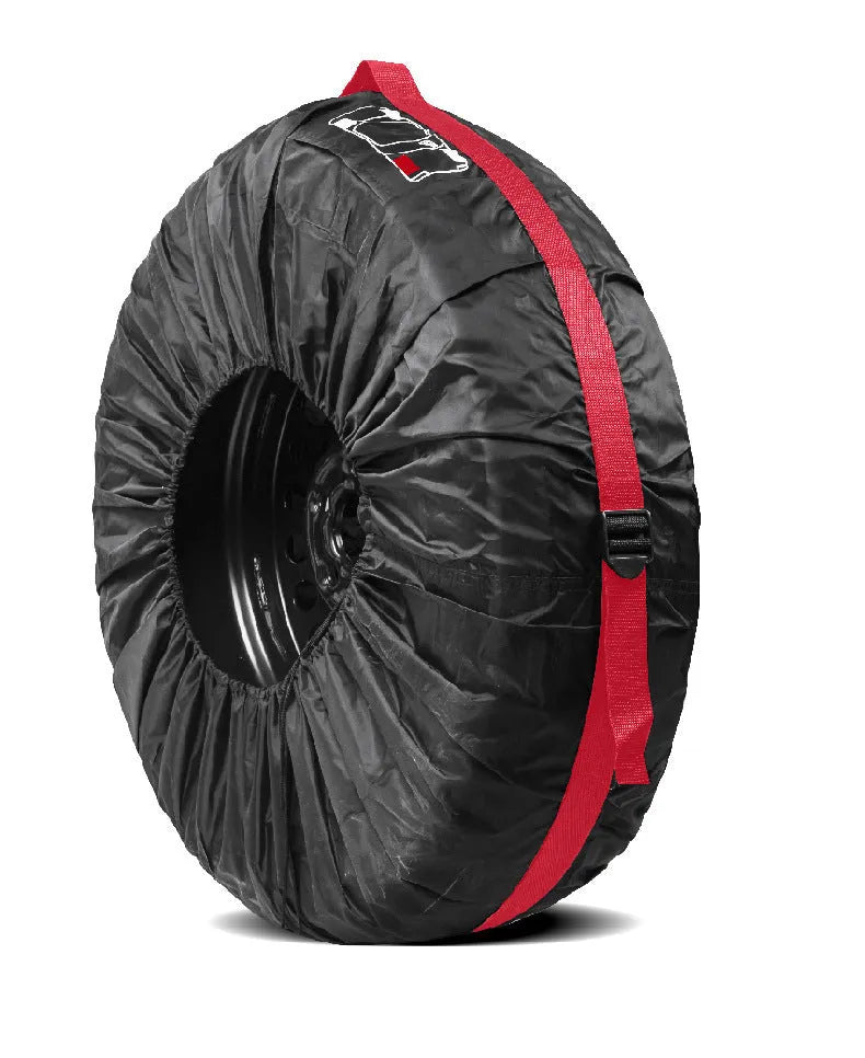Oxford cloth 210D car tyre protective cover set of 4 in black belt style on a parked car