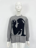 Women's loose grey alpaca wool sweater with tassel decoration and abstract pattern, round neck street fashion pullover