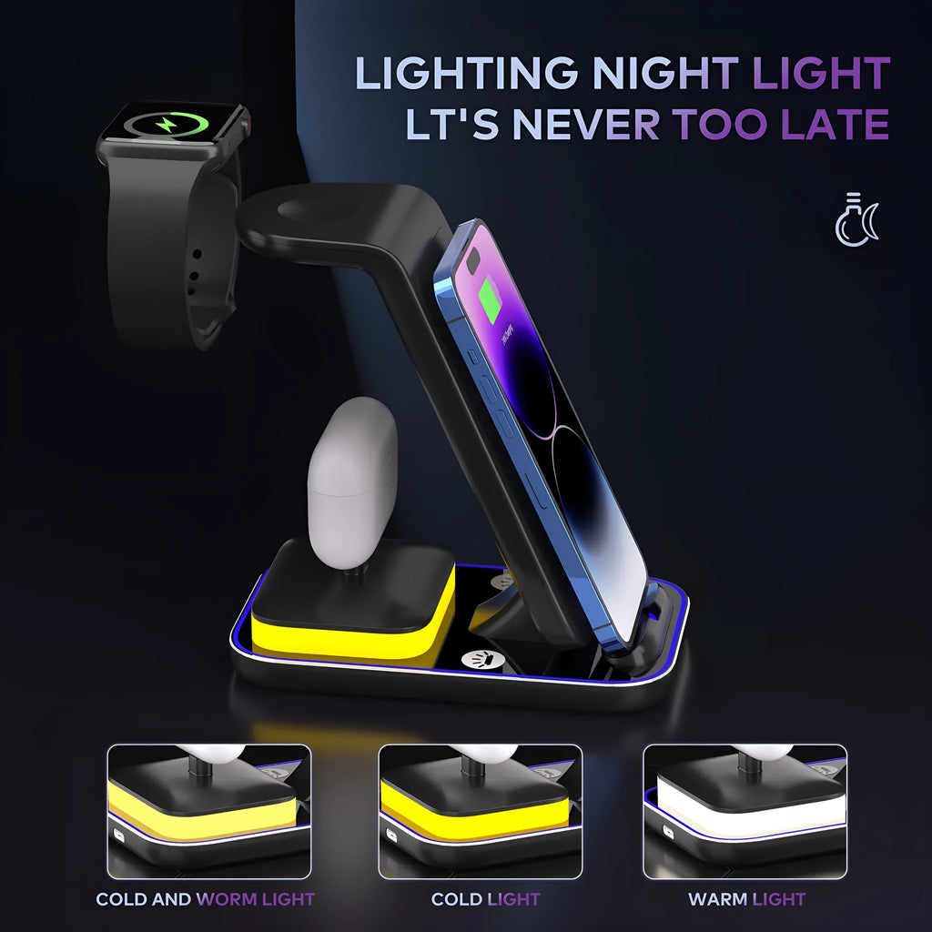 Black vertical wireless charging stand holding a mobile phone, with separate charging pads for an Apple Watch and wireless earbuds.