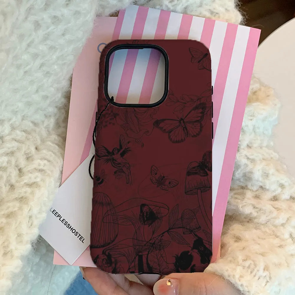 Retro butterfly and floral oil-painting print phone case in red, anti-fingerprint, for iPhone 11-16