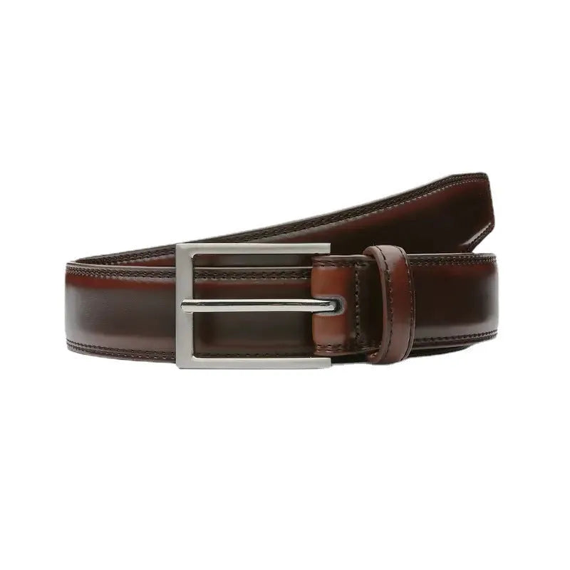 Men's genuine leather casual belt with an alloy buckle shown in 95 grain brown, black, and yellow brown colour options.