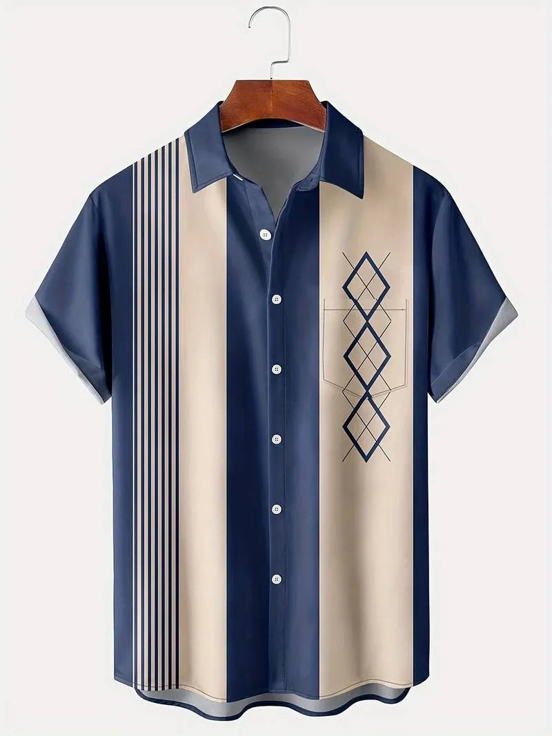 Men's plaid short-sleeved shirt with contrast lapel in loose regular fit