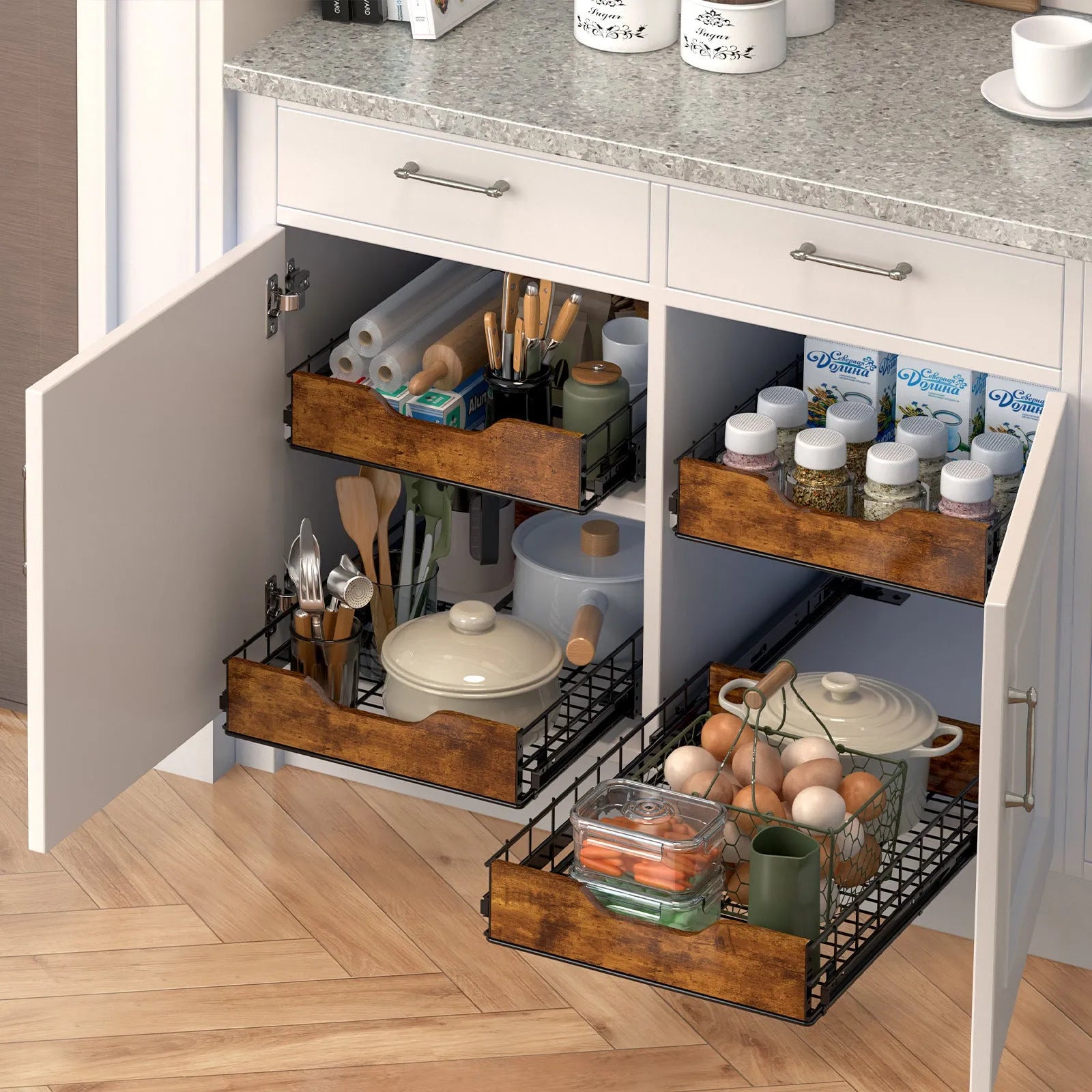 Black household storage rack with wood and iron frame and pull basket drawer