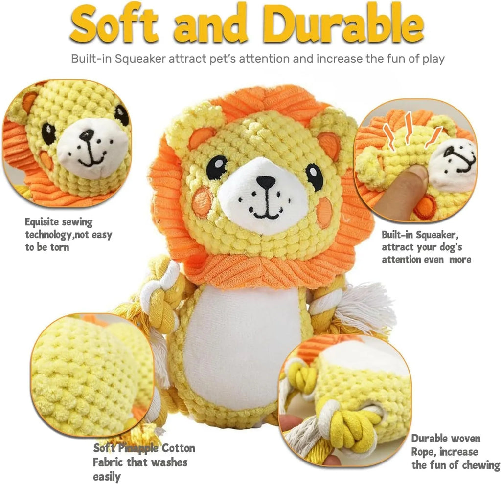 Lion and monkey plush squeaky dog toys bundle for medium and large dogs.