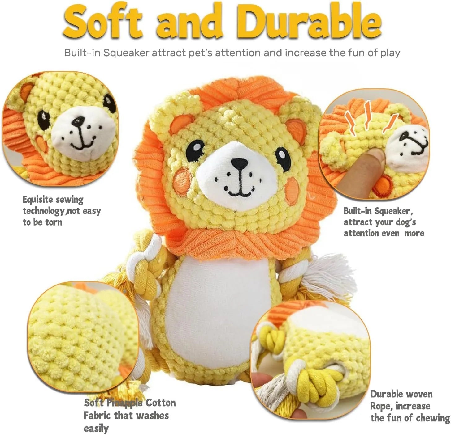 Lion and monkey plush squeaky dog toys bundle for medium and large dogs.