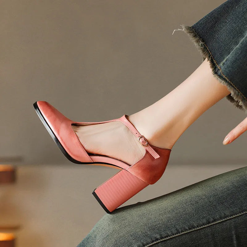 Women's retro Mary Jane shoes with pointed toe, hollow design and buckle fastening in pink or dark brown.