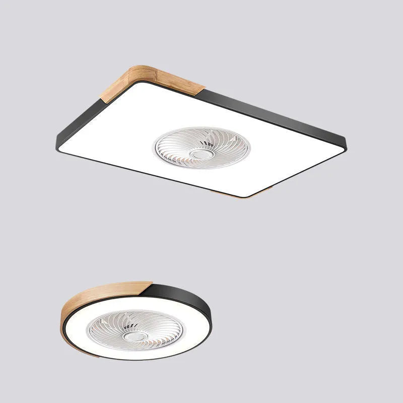 Nordic style wooden ceiling fan with integrated light fixture and PVC lampshade.