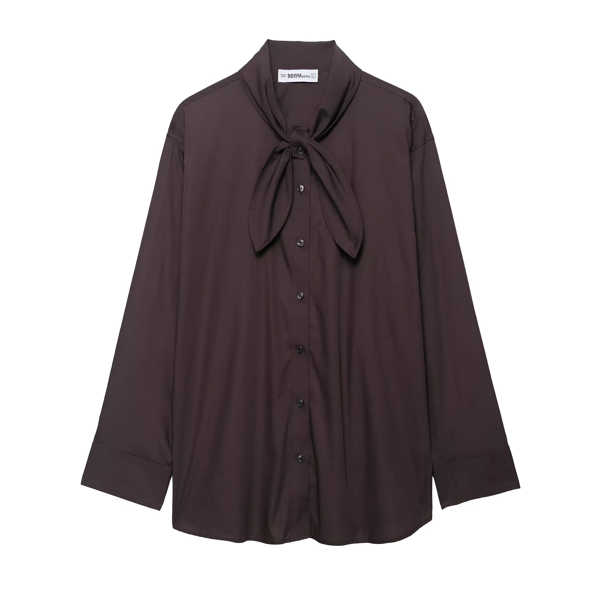 Brown women's loose fit poplin shirt with long sleeves and an integrated bow tie scarf at the neck.