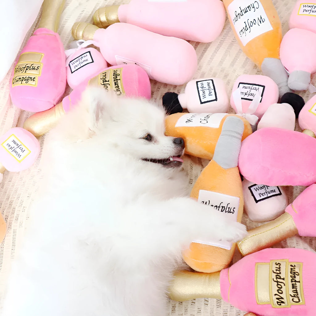 Plush wine bottle pet toy for dogs and cats in assorted colours
