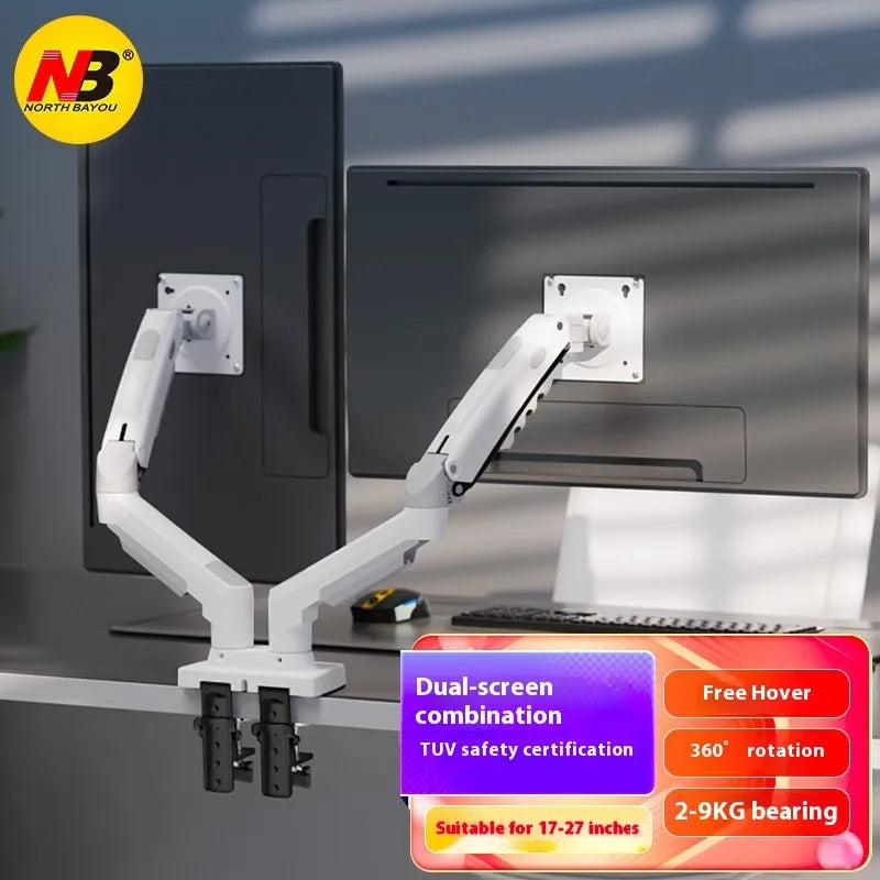 Gun black aluminium alloy dual monitor arm holding two screens on a desktop