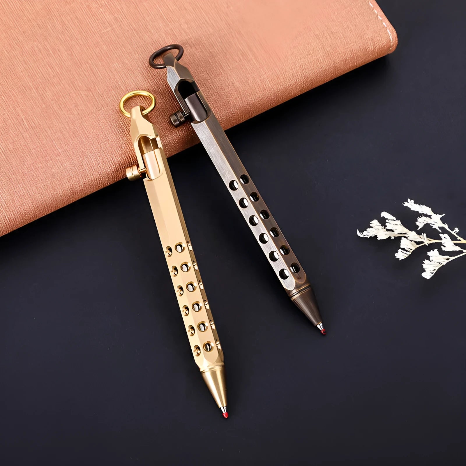 Brass hexagonal bolt pen with 0.5mm tip showing hexagonal profile and signature roller mechanism