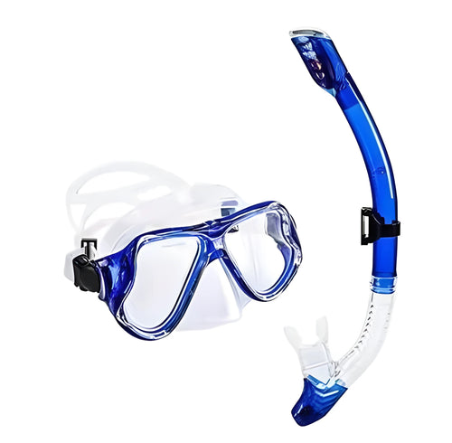 Black anti-fog lens diving goggles with PC frame, silicone strap, and mouthpiece on a blue background.