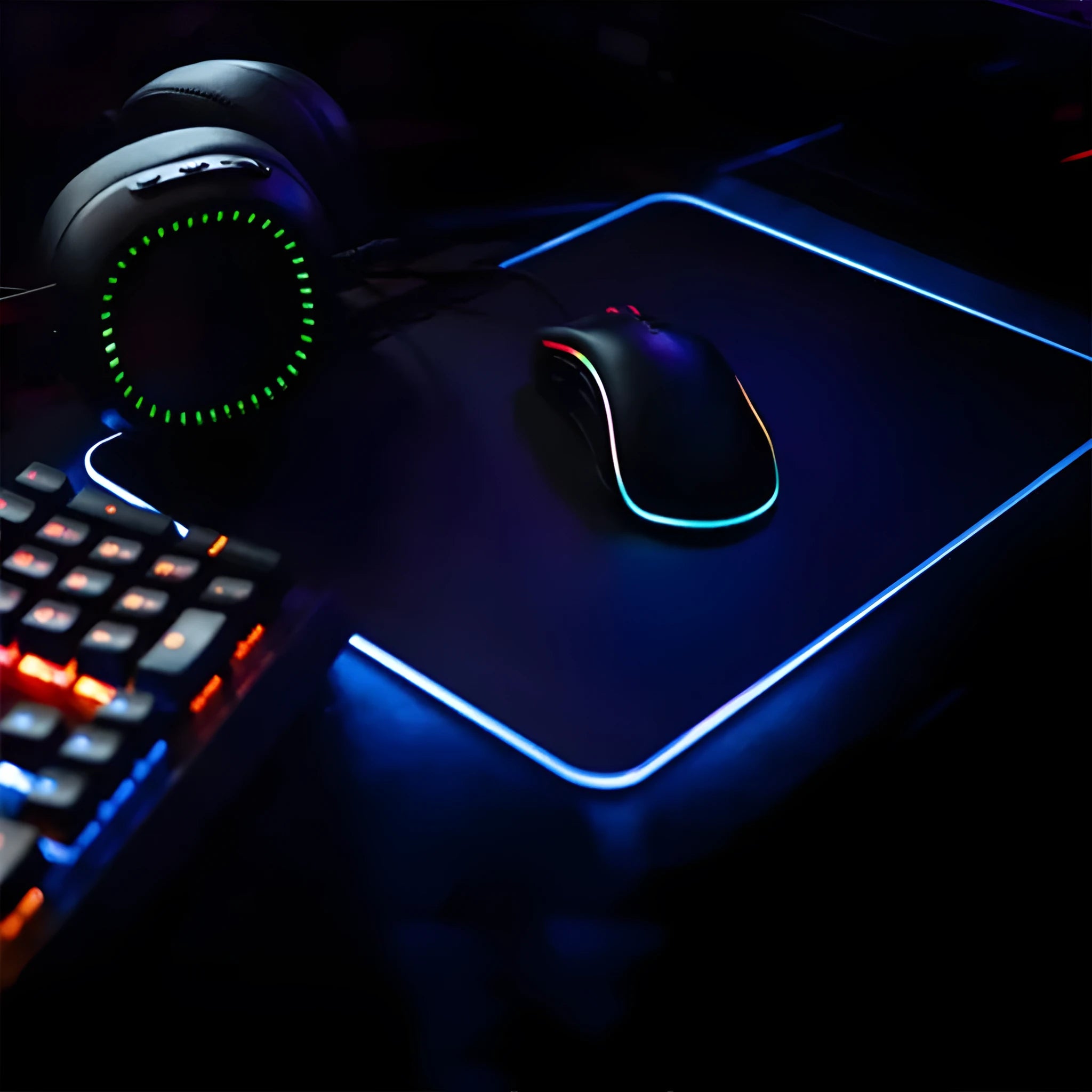 Luminous table mat gaming mouse pad with RGB illumination and non-slip rubber base in black on a wooden desk