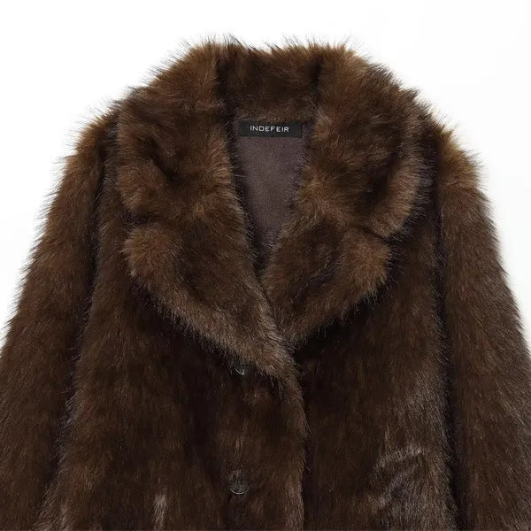 Women's double-sided artificial fur effect jacket coat with faux fur collar in brown colour