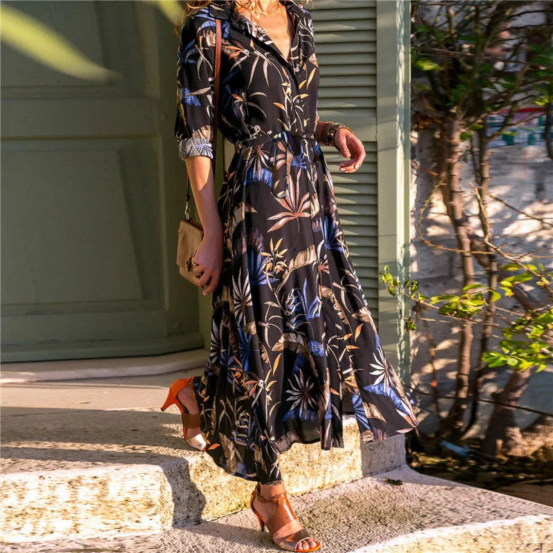 Printed chiffon dress with V-neck collar and conventional sleeves in A-line silhouette