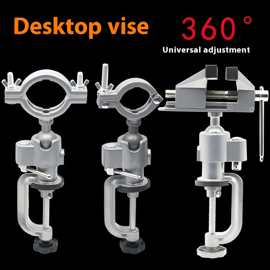 Bench vise with 360-degree rotation and clamp-on bracket mounting