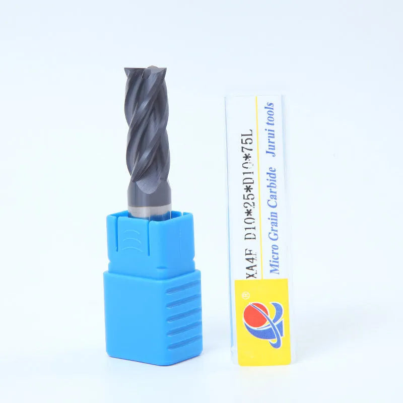 Carbide milling cutter with straight shank and spiral cutting edge showing four-slot design