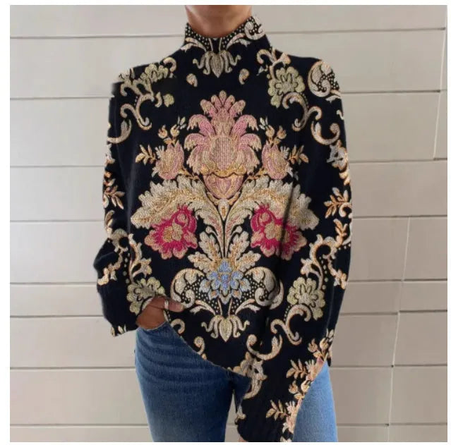 Black knit pullover sweater with a 3D printed pattern, shown in a loose fit.