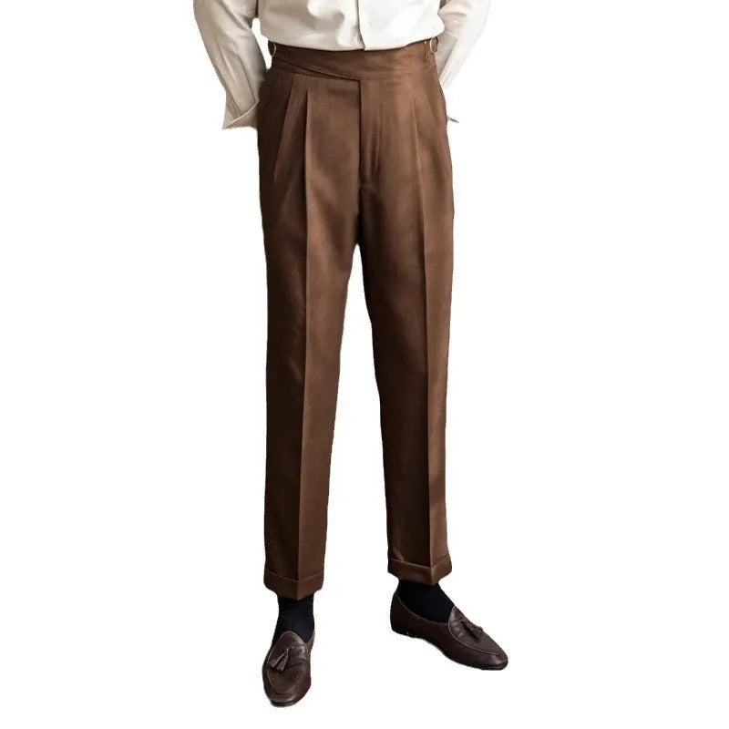 Men's high waist straight leg casual trousers in polyester fabric shown in black, brown, khaki, or white.