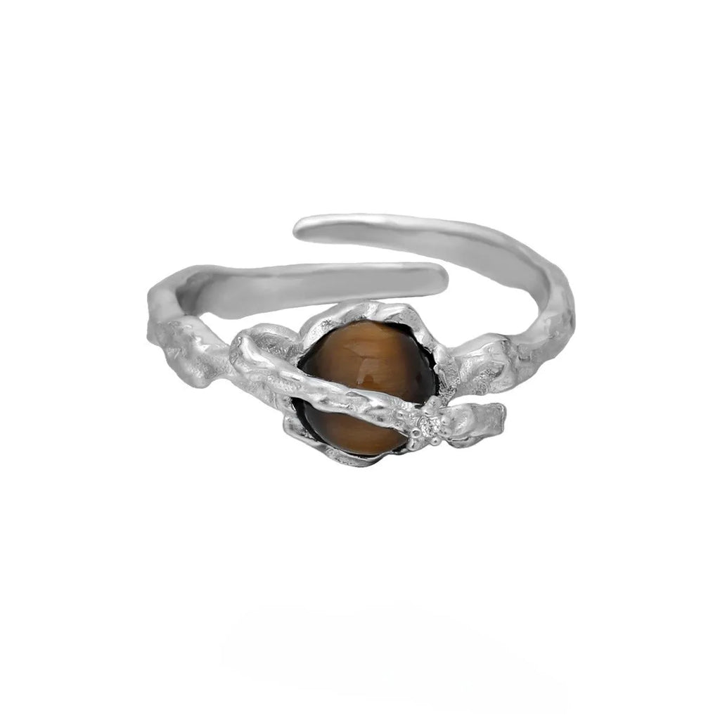 Saturn design silver open ring with white gold electroplated finish and adjustable opening