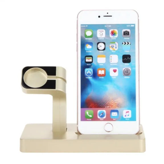 White 2-in-1 charging dock holding an iPhone and Apple Watch with anti-slip silicone pads
