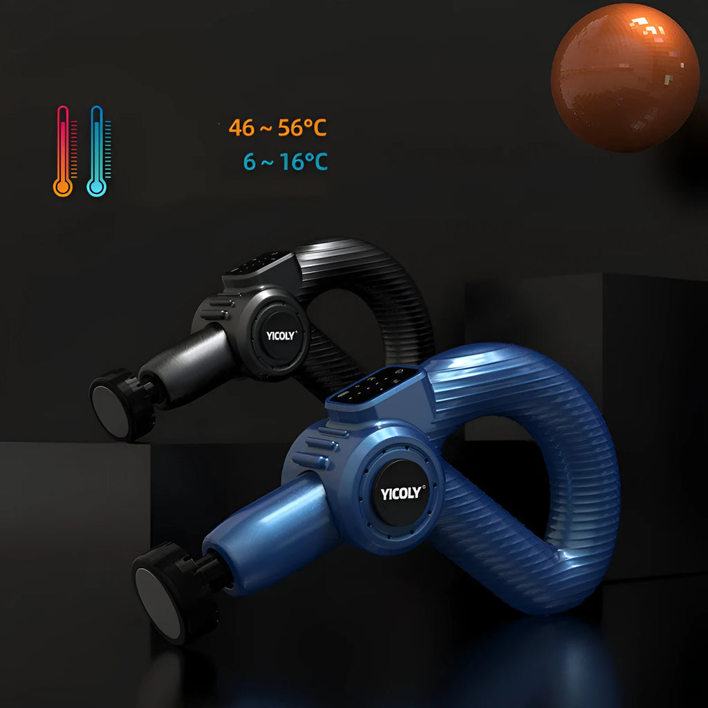Black smart muscle massage gun with multiple attachments for hot and cold compress therapy