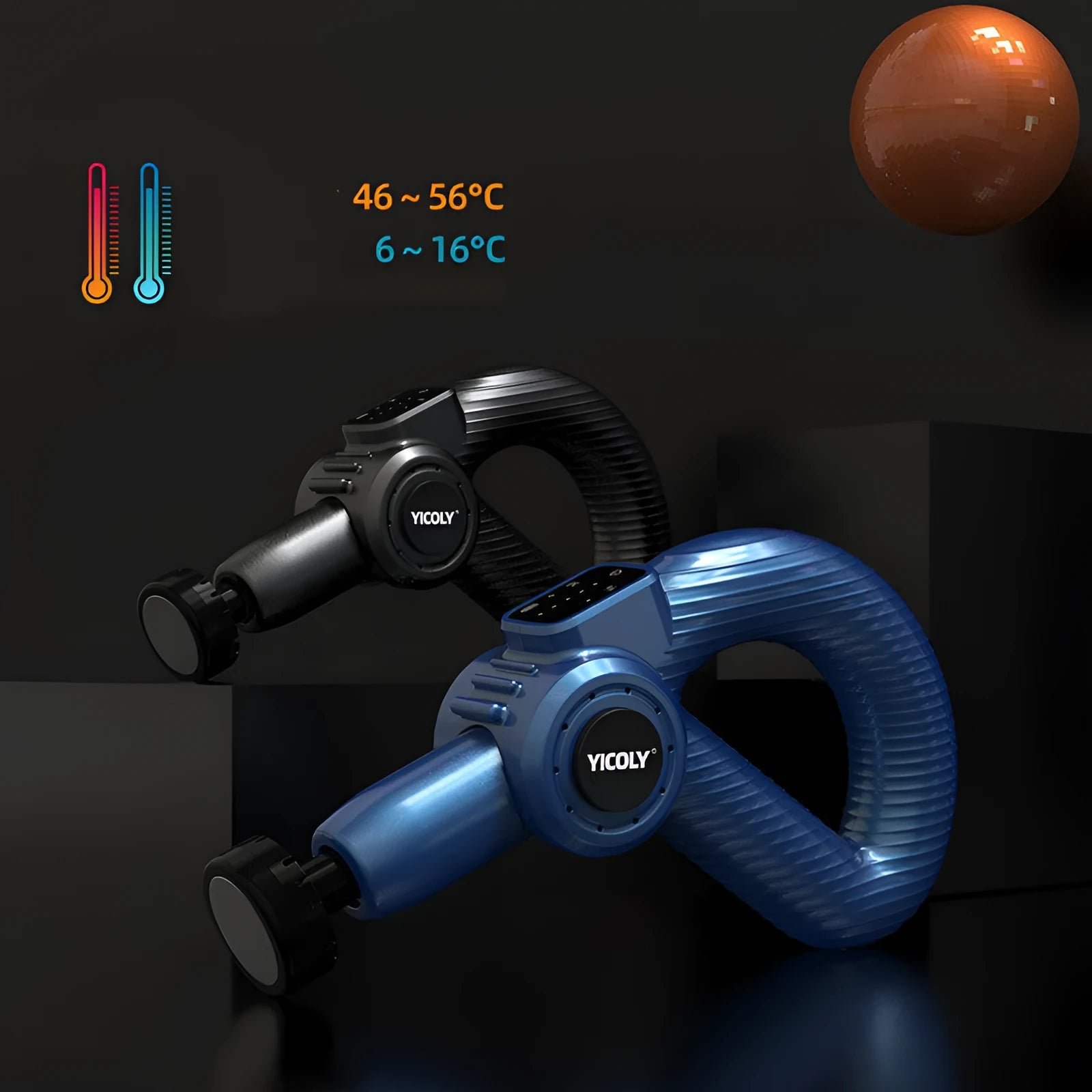 Black smart muscle massage gun with multiple attachments for hot and cold compress therapy