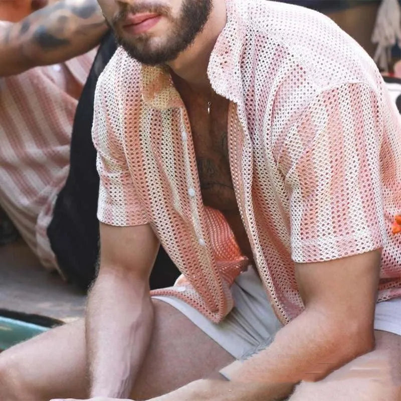 Men's pink waffle-textured short-sleeved cardigan shirt on hanger