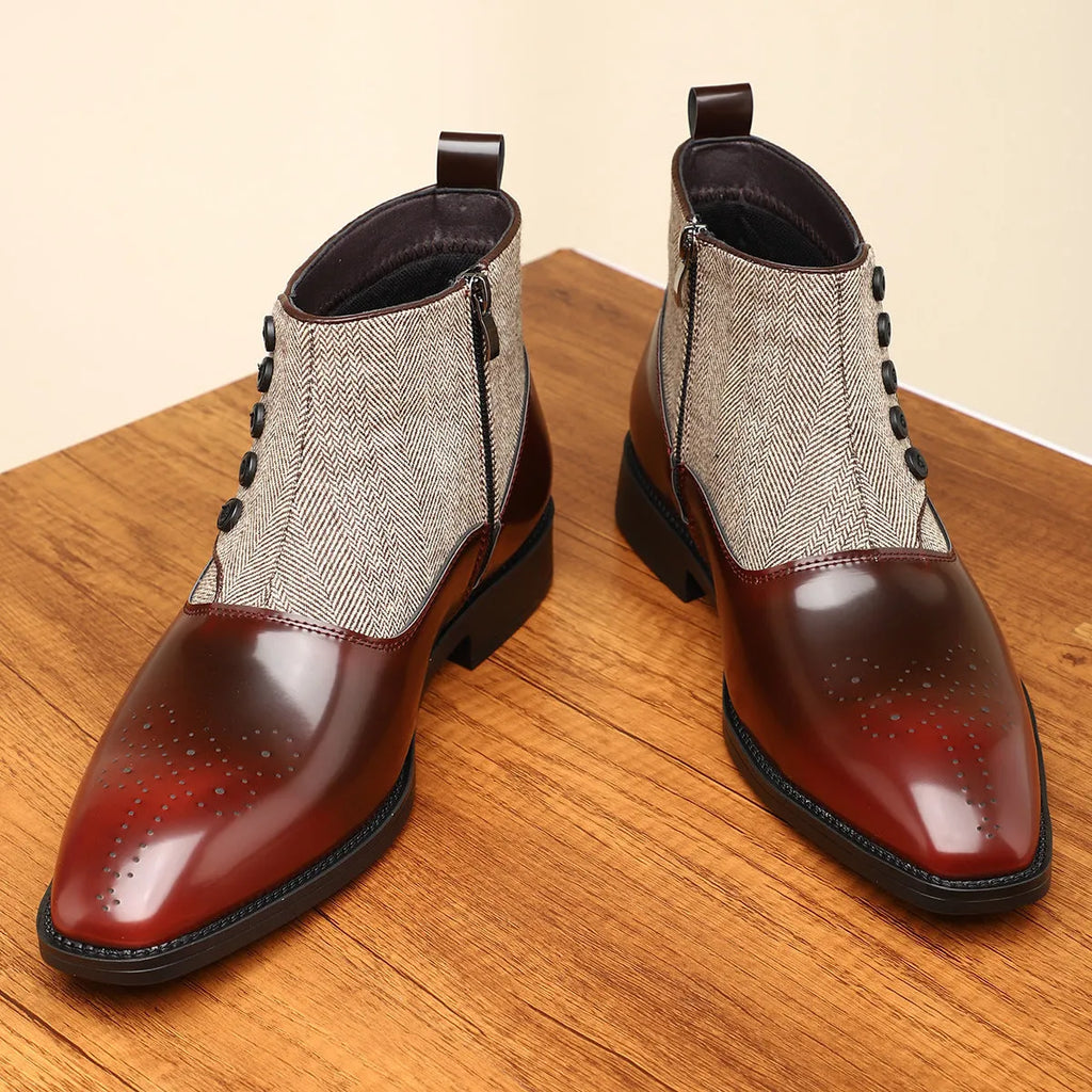 Men's brown retro business shoes with square toe and side zipper