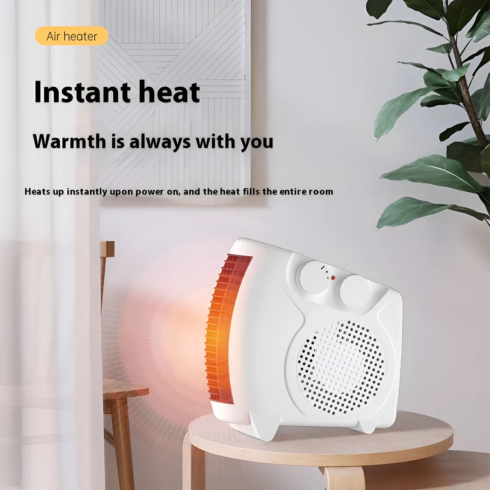 Small white electric space heater for desktop use with two-speed control and low-noise operation