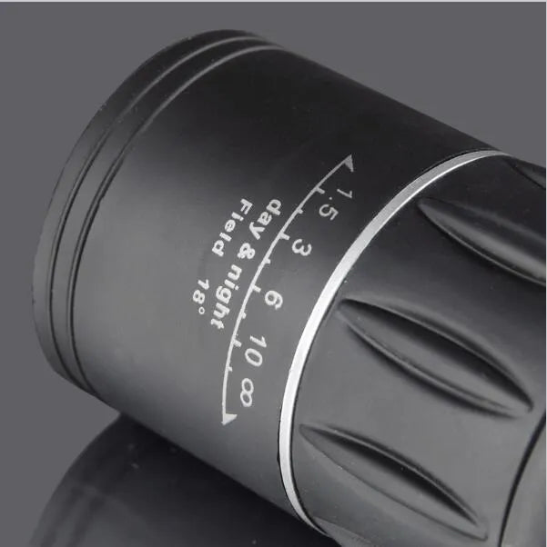 Black 16x52 monocular with 52mm objective lens and textured grip