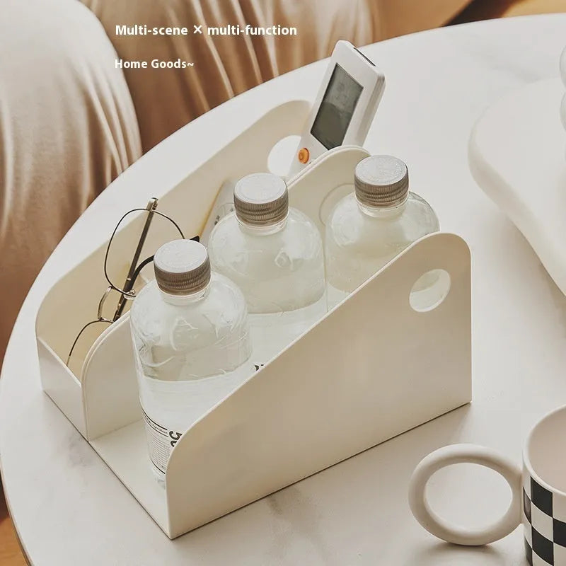 Plastic desktop storage box with 2-layer grid shelf in milk coffee colour