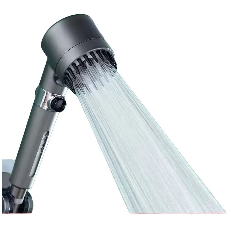 Portable shower head with modern design showing adjustable gear settings for spray, massage, and rain shower functions