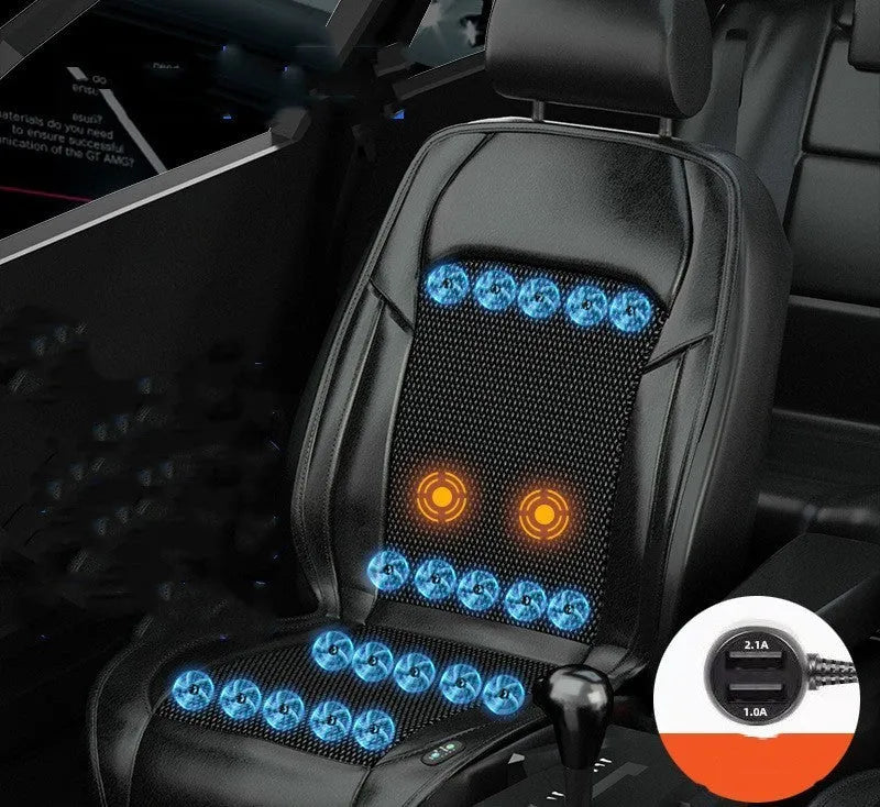 Car seat cushion with ventilation fan system showing multiple colour options and fan configurations