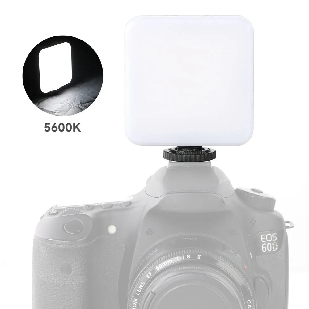 LED mini square pocket light tripod flash unit showing compact 7.3x2.8x8.4 cm dimensions and multiple attachment configurations