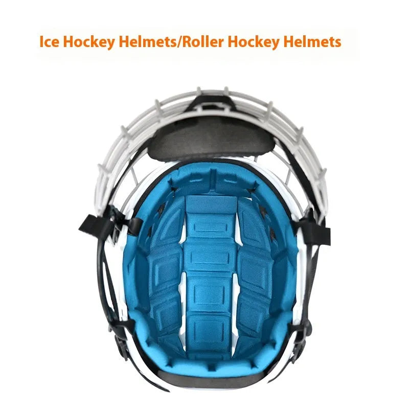 Ice hockey helmet with a carbon steel face mask on a solid colour background.
