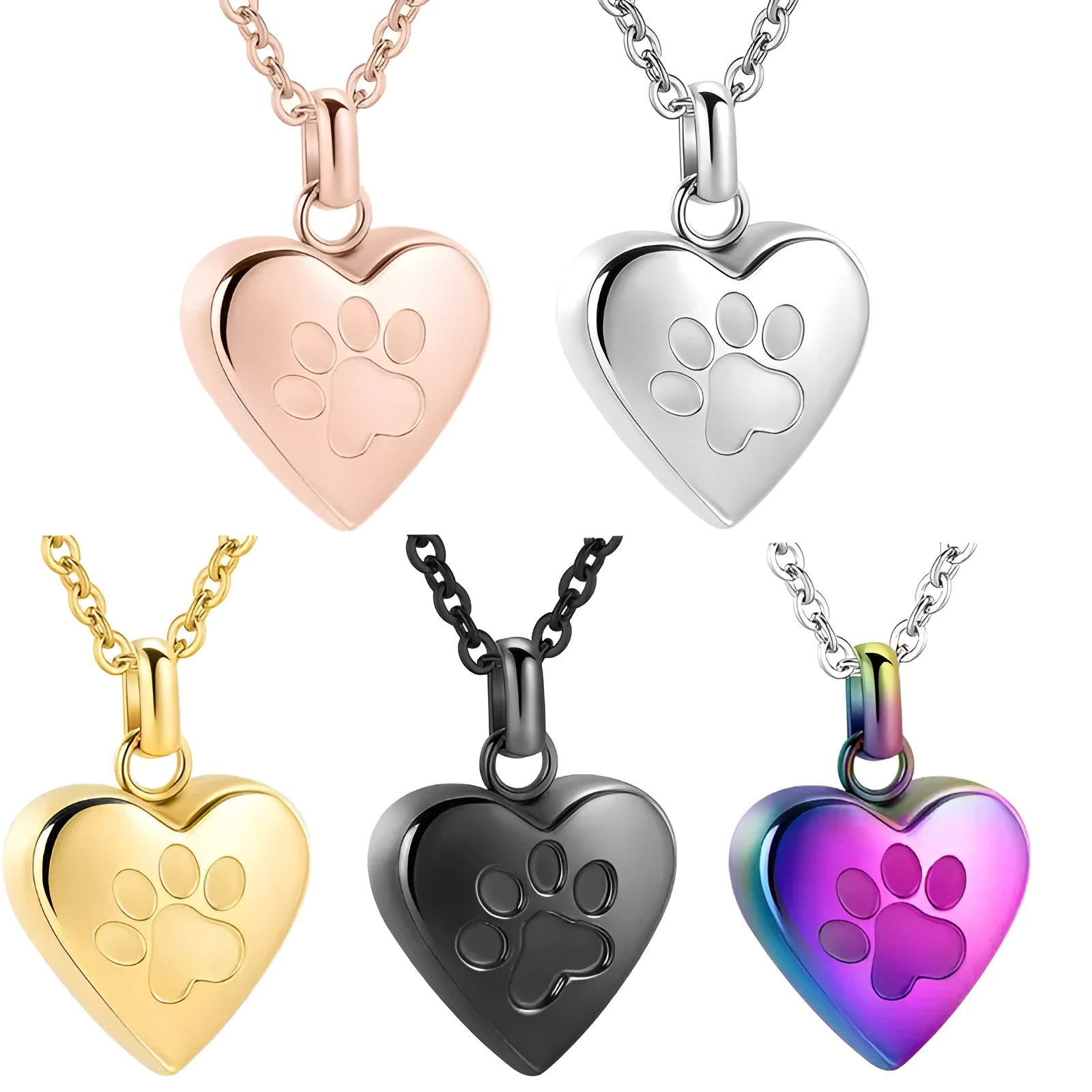 Openable heart pendant titanium steel necklace with paw print design in silver, black, gold, rose gold, or colourful finish.
