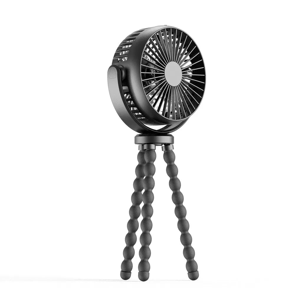HOMEFISH F2 automatic shake head fan with LED light attached to a baby stroller