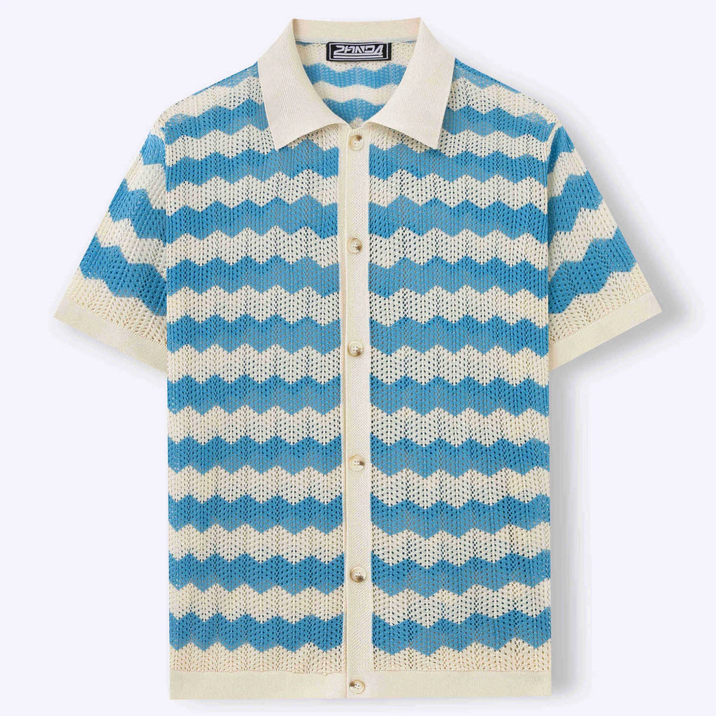 Hollow jacquard corrugated short sleeve sweater in Tencel viscose fabric showing textured knit pattern