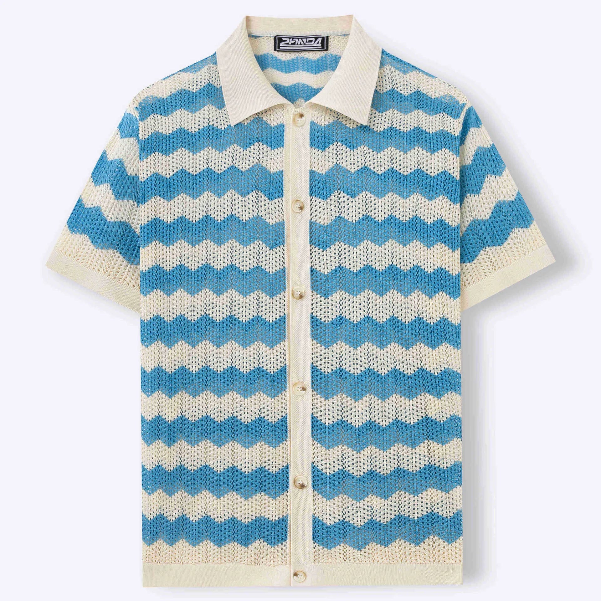 Hollow jacquard corrugated short sleeve sweater in Tencel viscose fabric showing textured knit pattern