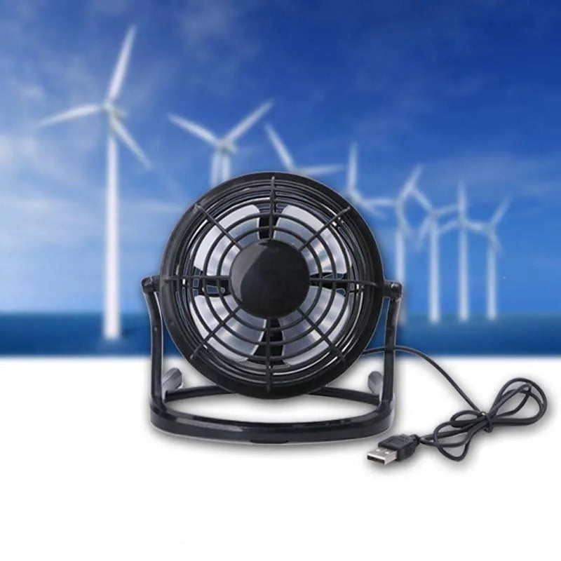 Mini USB desktop fan showing adjustable tilt mechanism and black/white/blue colour options