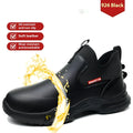 Men's black waterproof work shoes with high-cut microfiber leather upper and rubber soles