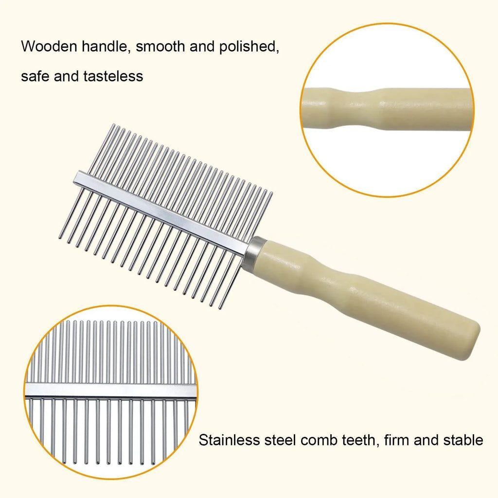 Wooden handle pet grooming comb for dogs and cats in single, double, and high-low tee designs.