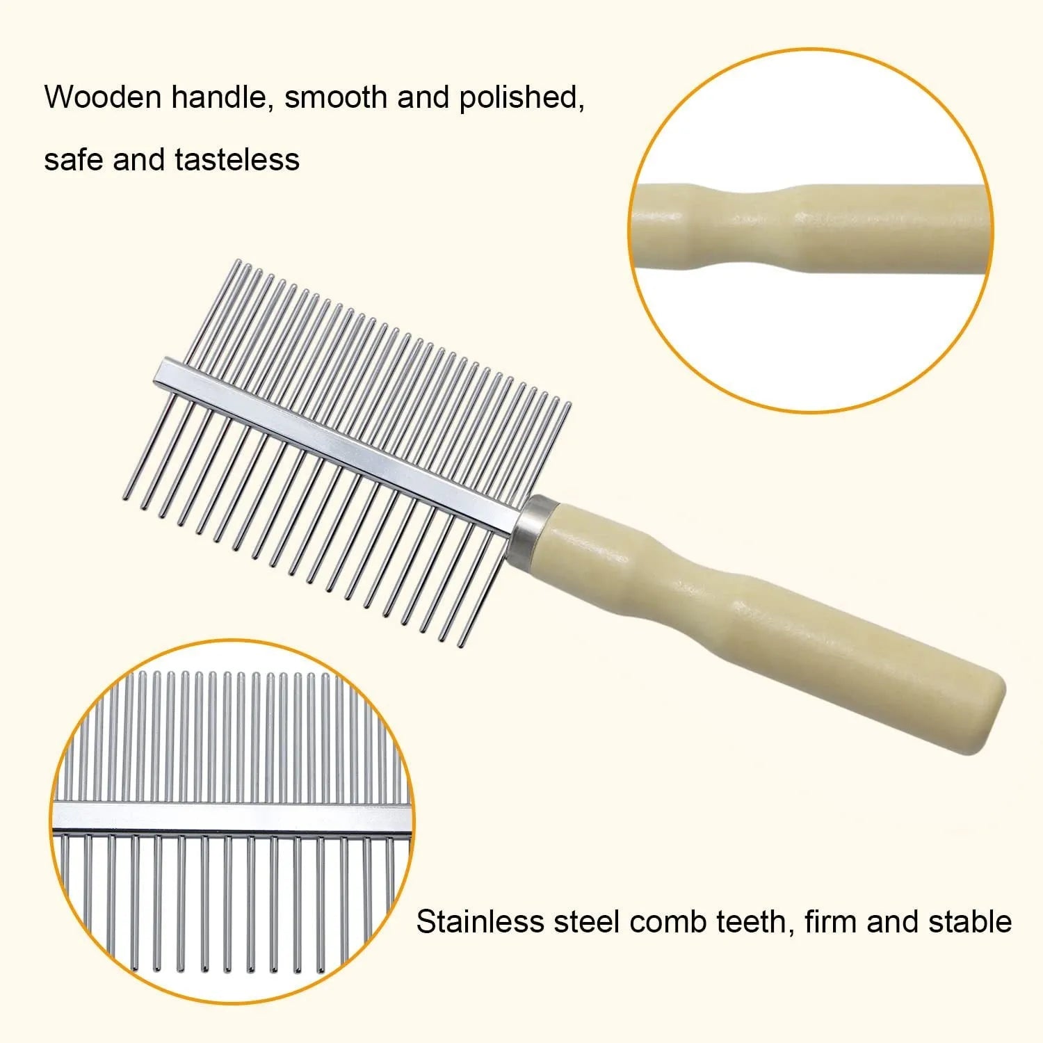 Wooden handle pet grooming comb for dogs and cats in single, double, and high-low tee designs.
