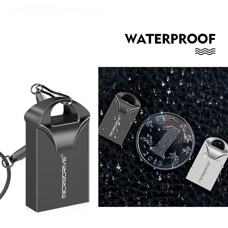Small black and silver metal USB flash drive showing compact size next to a ruler for scale.