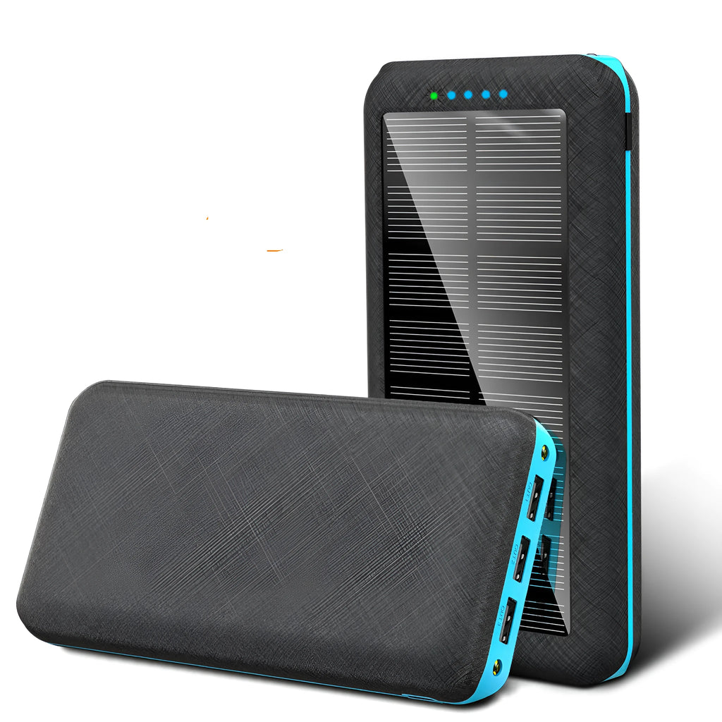 Solar power bank with wireless charging surface, three USB ports, and LED flashlight in black colour