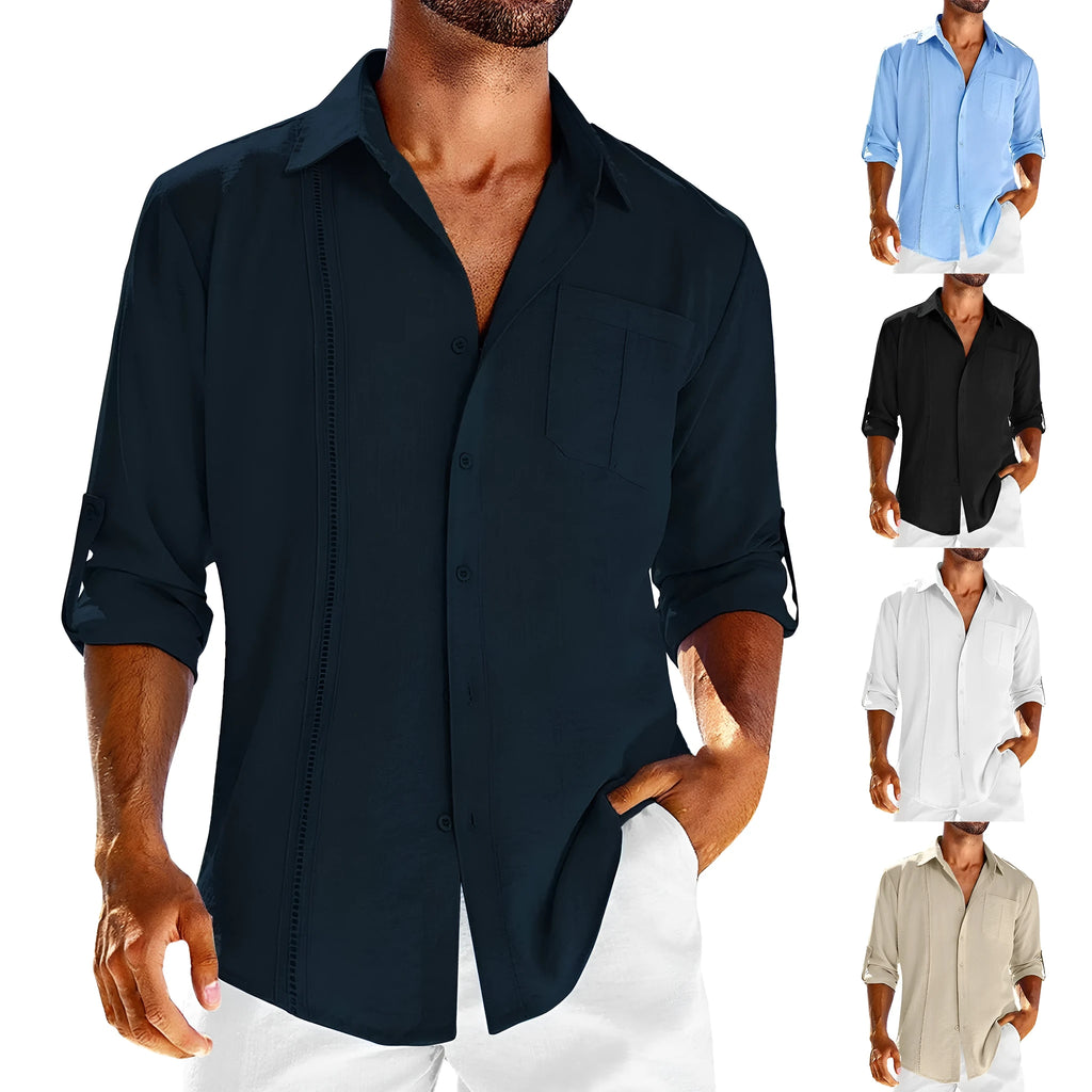 Men's grey long sleeve button-up shirt with lace detail on collar and a chest pocket.